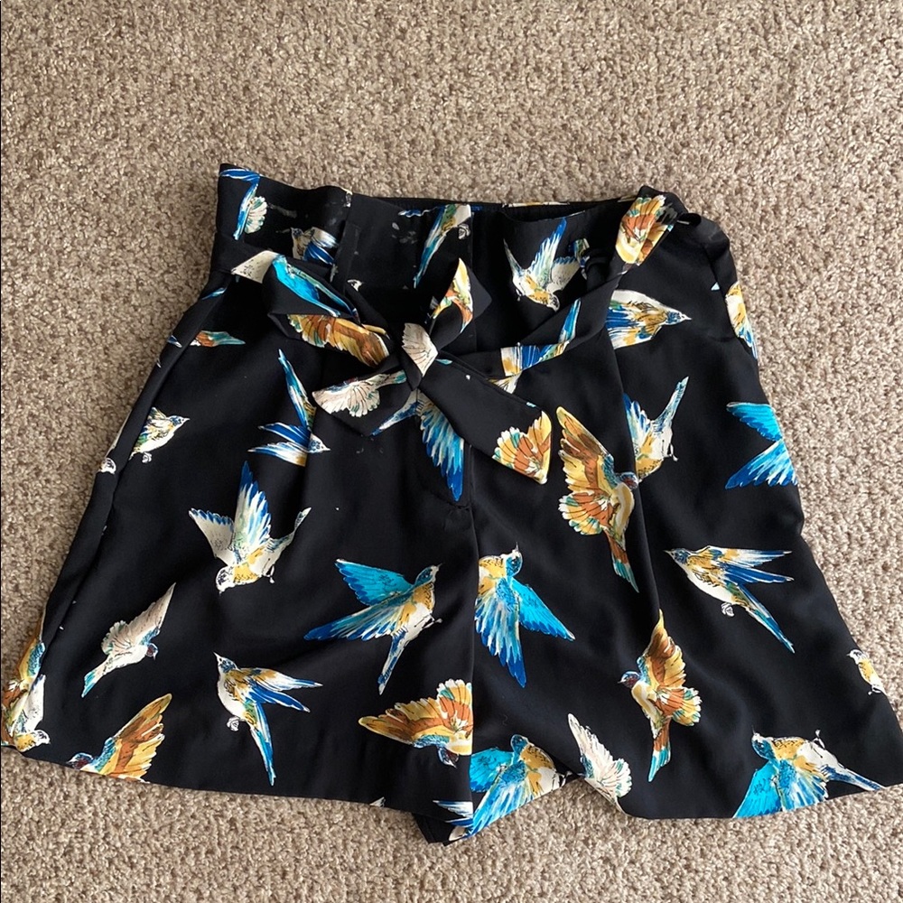 Zara Black High Waist Shorts with Bird Print